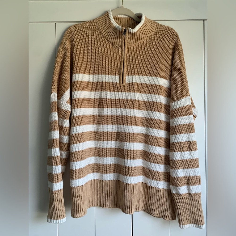 Lands End Womens Tan and White Striped Sweater 1/4 Zip Size‎ Large